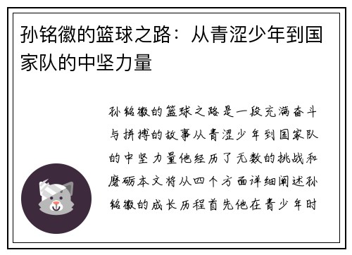 孙铭徽的篮球之路：从青涩少年到国家队的中坚力量
